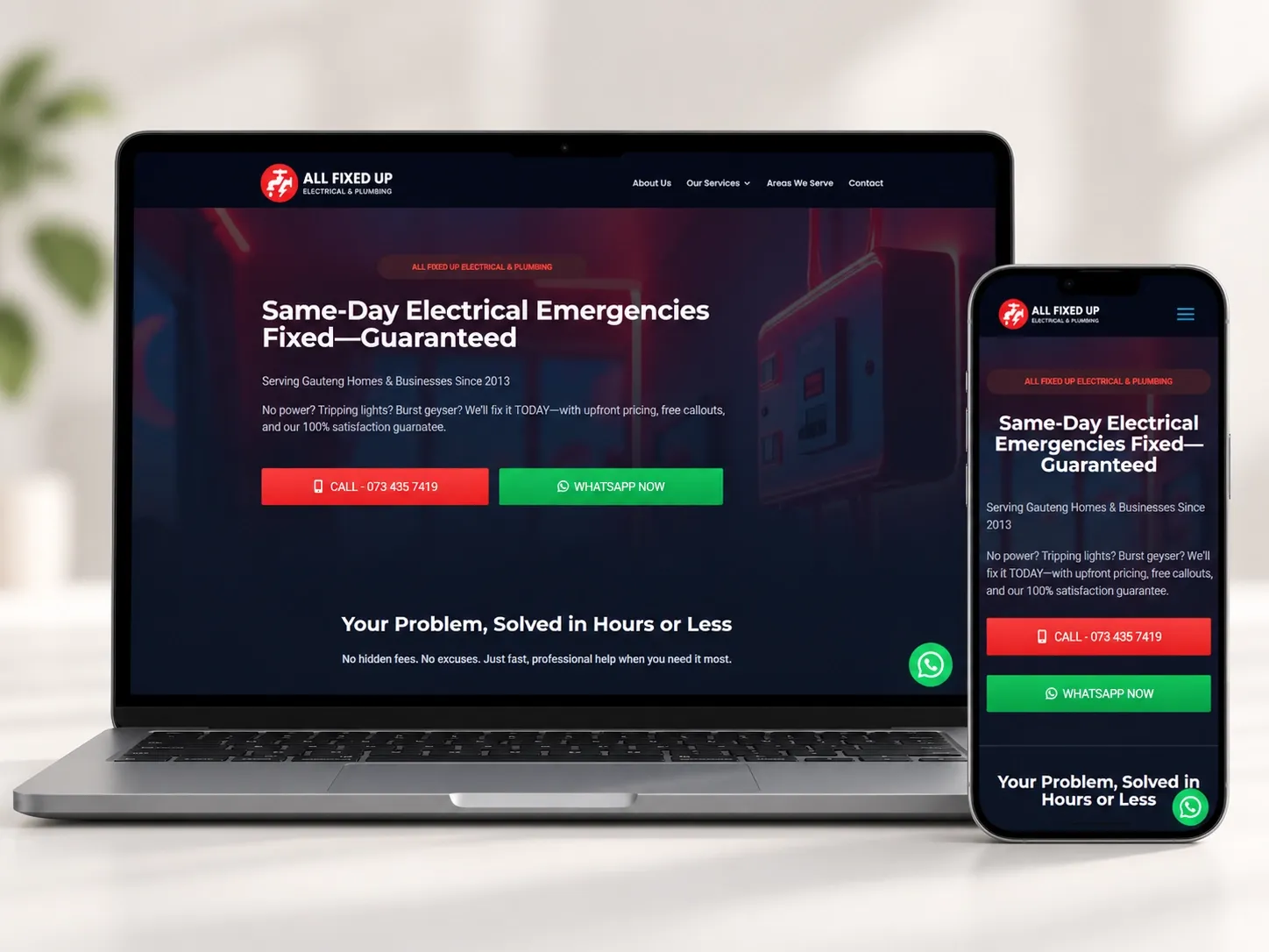 Stylized showcase of All Fixed Up’s South African electrical and plumbing website.