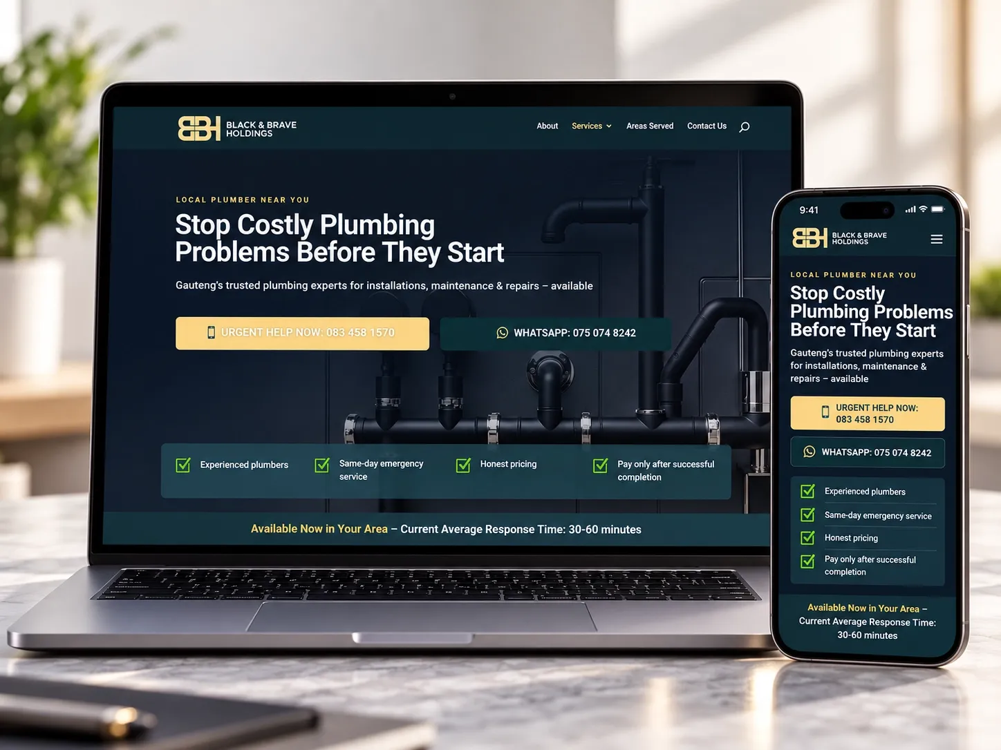 Real Zaybair South African plumbing website, showing services and contact information.