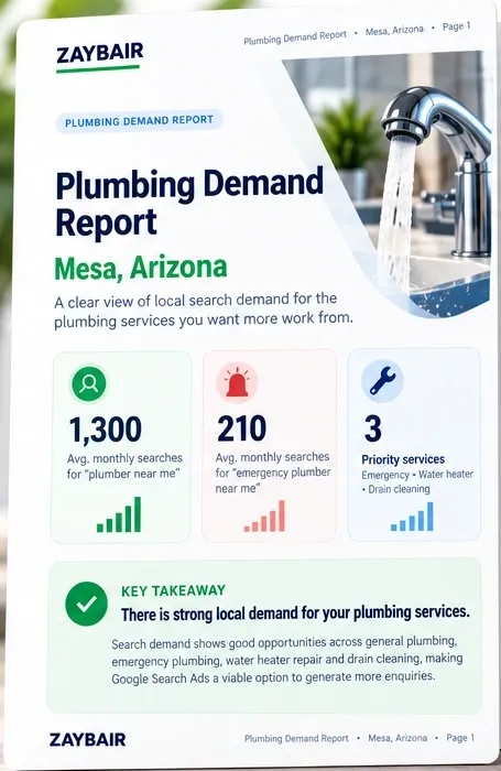 Cover detail of the example Plumbing Demand Report for Mesa, Arizona; reports are researched for your area.