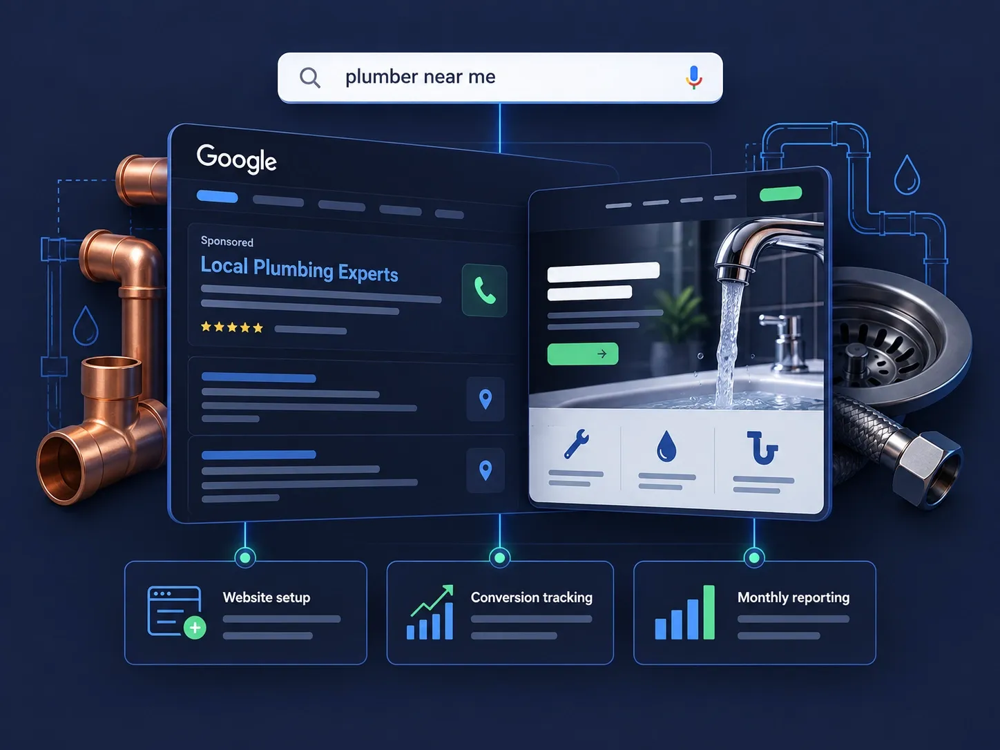 Conceptual illustration of a homeowner searching for a plumber, a sponsored ad, a plumbing website and contact actions.