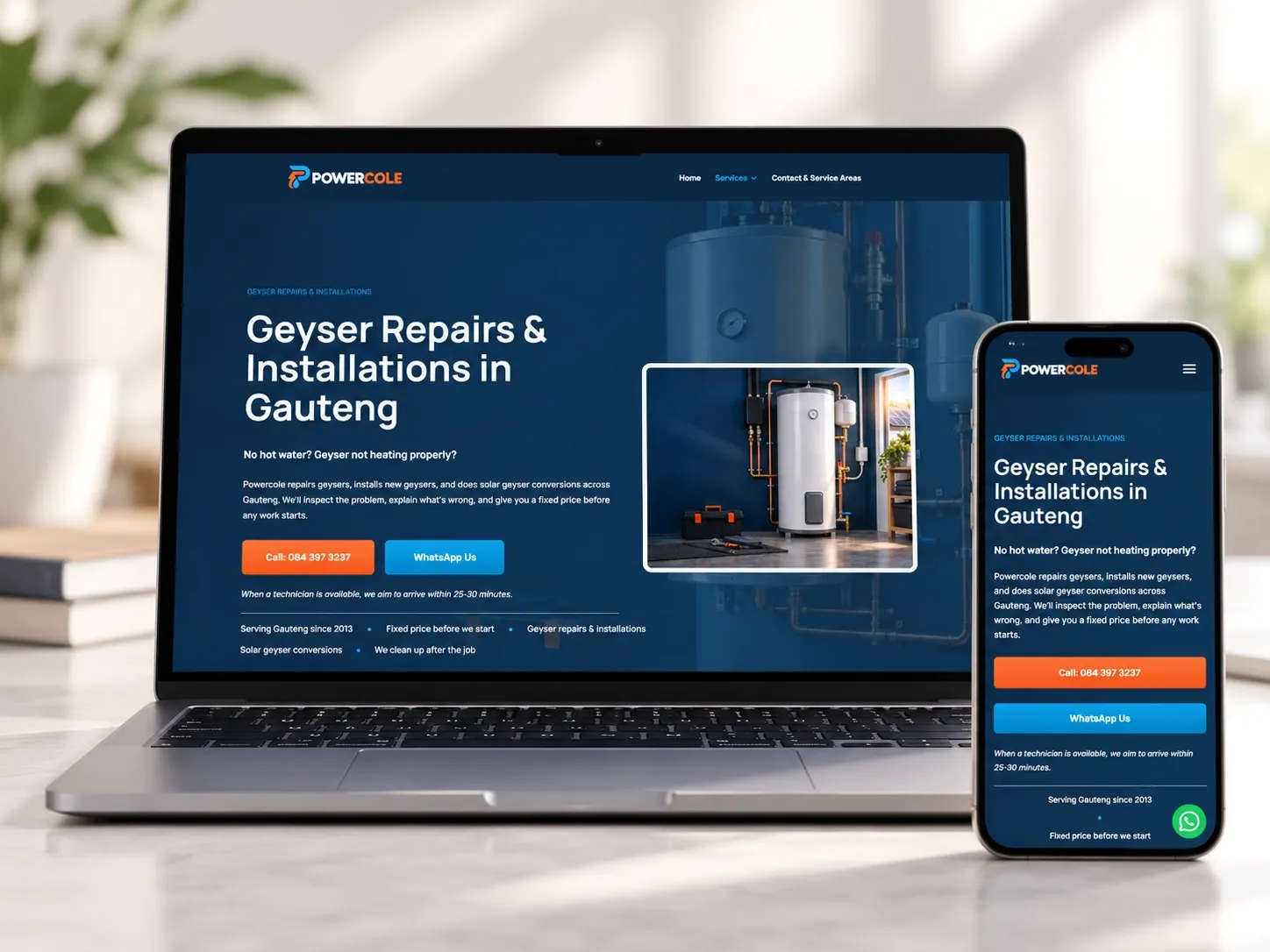 Approved stylized desktop and mobile showcase of Powercole’s South African geyser repairs and installations page.