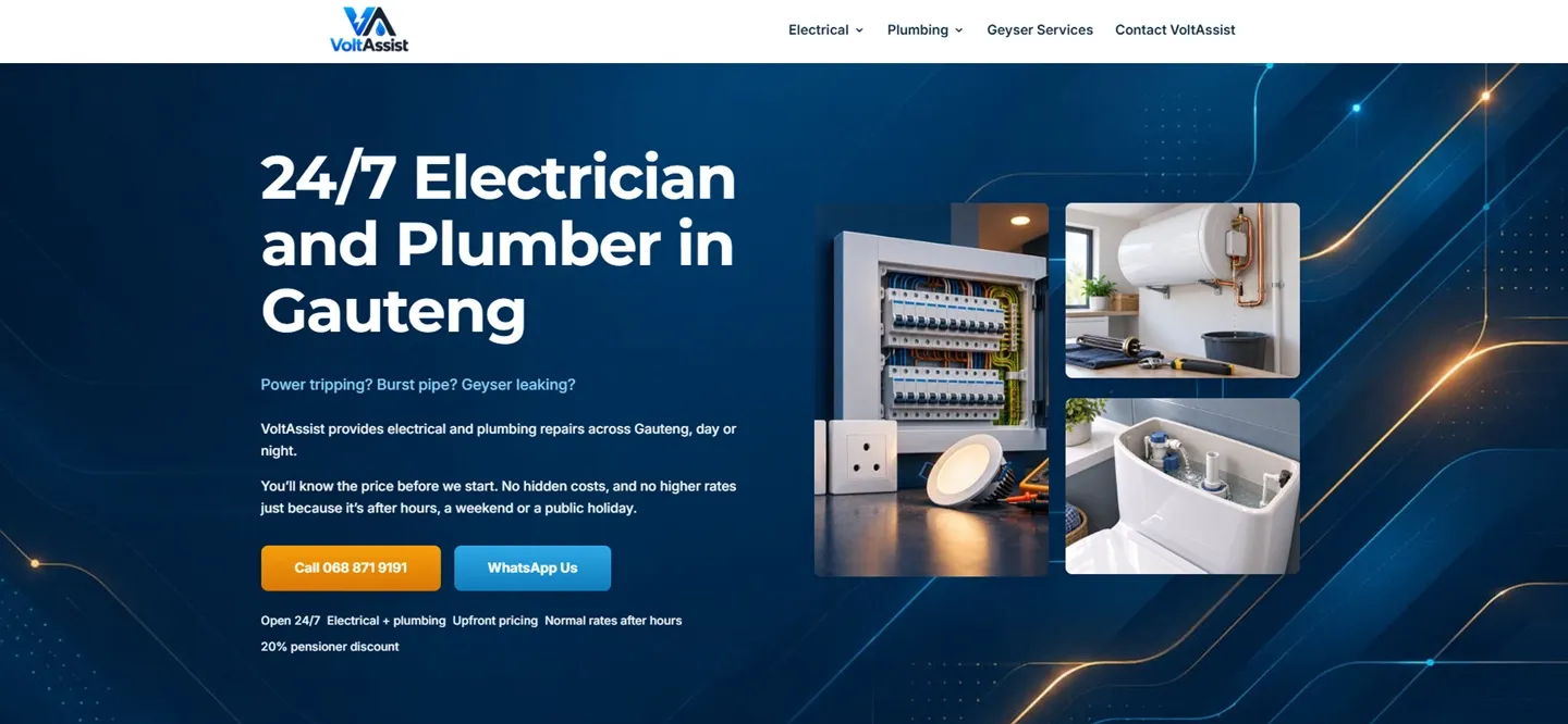 Direct homepage view of VoltAssist, a South African electrical and plumbing business — an example of the website direction a client can review.