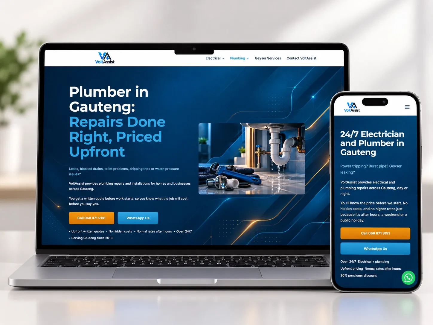 Approved stylized desktop and mobile showcase of the VoltAssist Plumbing page in South Africa